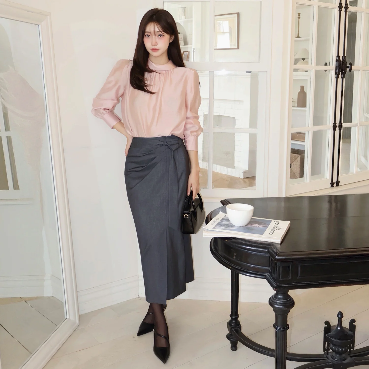 Draped Belted Skirt CHARCOAL GRAY