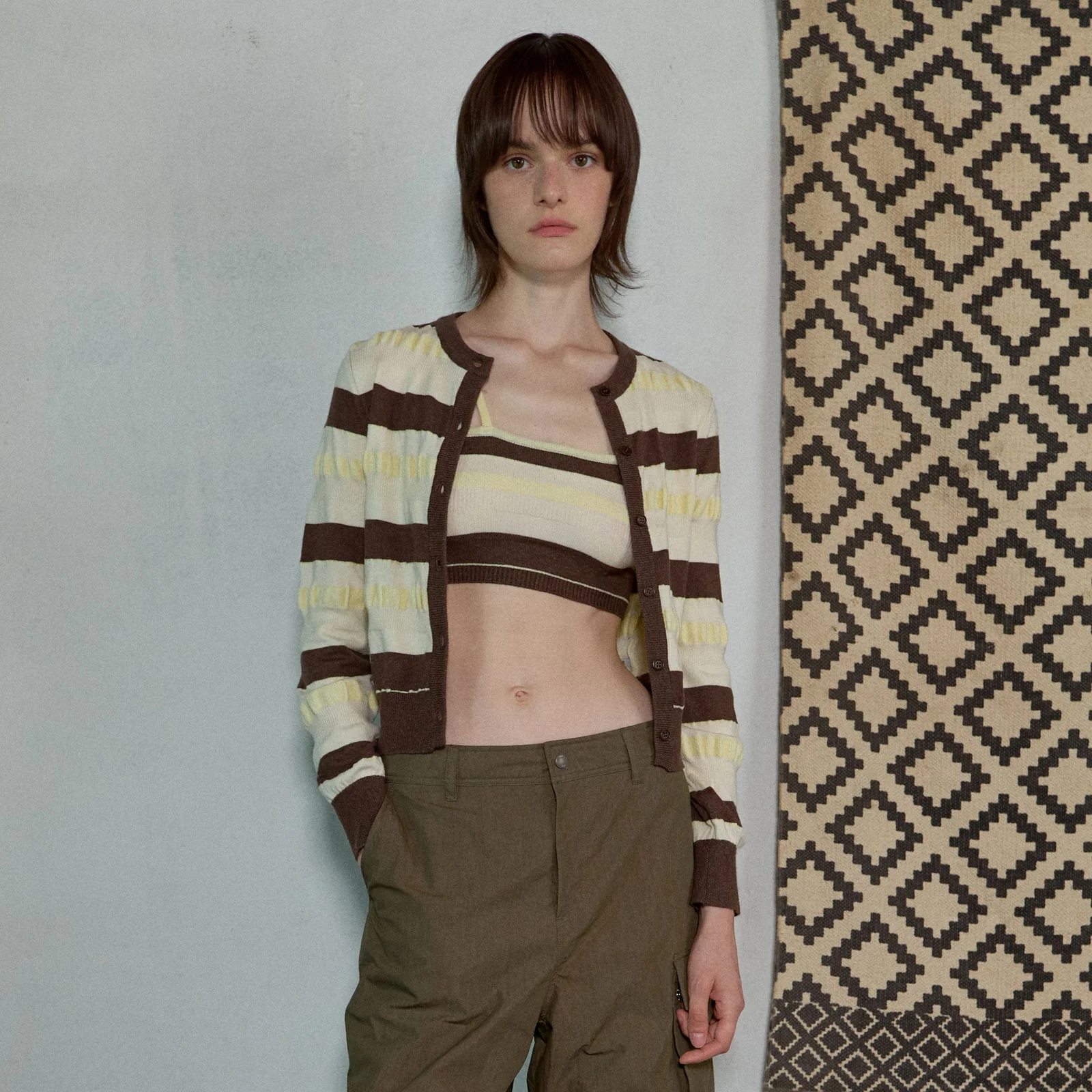 STRIPE KNIT CARDIGAN - BROWN/LEMON