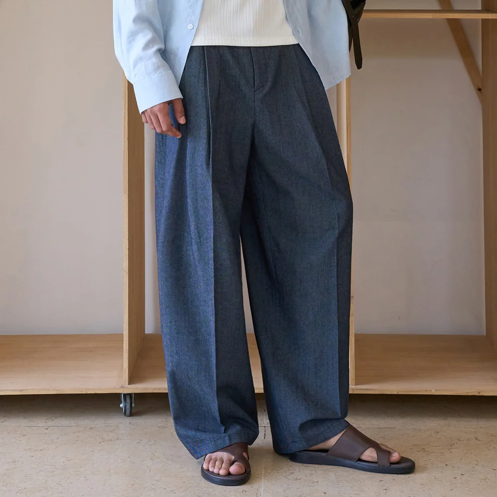 口袋 雙 百褶 西褲_靛藍 牛仔