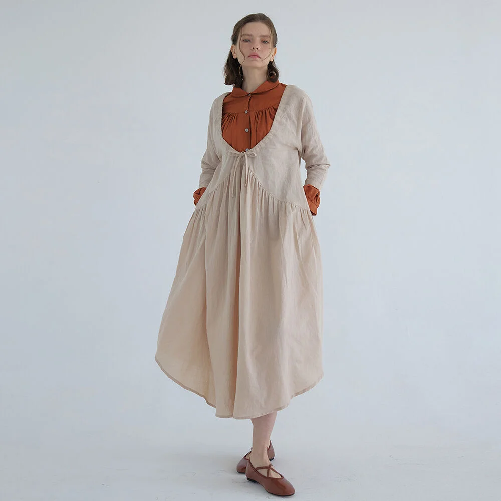 french shirring gathered dress -beige ( 3color)