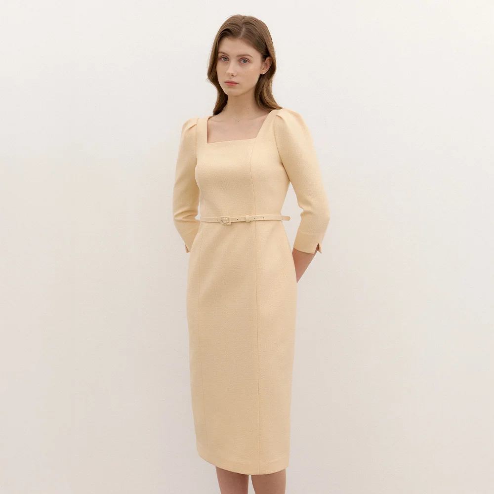 Tweed Square-neck Slim Dress / Yellow(2color)