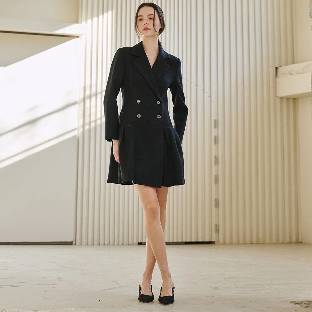 粗花呢 雙排扣 長 衣袖 連身裙 -黑色 / Tweed Double Button Long Sleeve Dress - Black