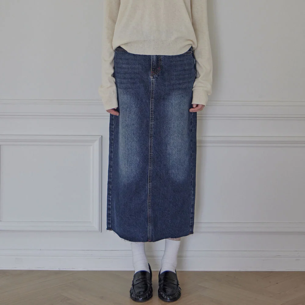WREN CARGO POCKET DENIM LONG SKIRT_3COLORS_DEEP BLUE