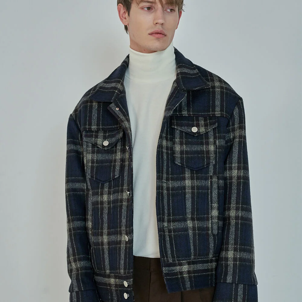WOOL CHECK SEMI OVER TRUCKER JACKET_NAVY
