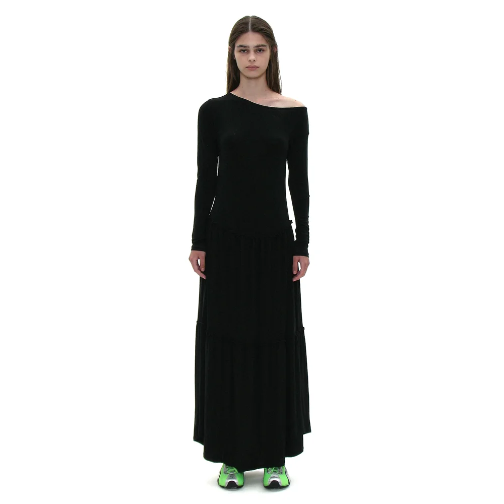 PWC UNBALANCED JERSEY SHIRRING TIERED DRESS_BLACK