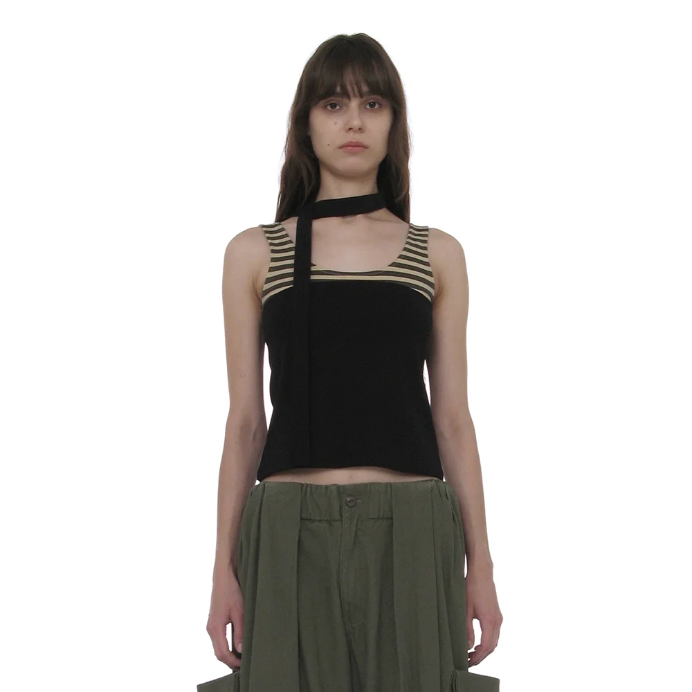 DETACHABLE TIE-NECK SLEEVELESS TOP_BLACK
