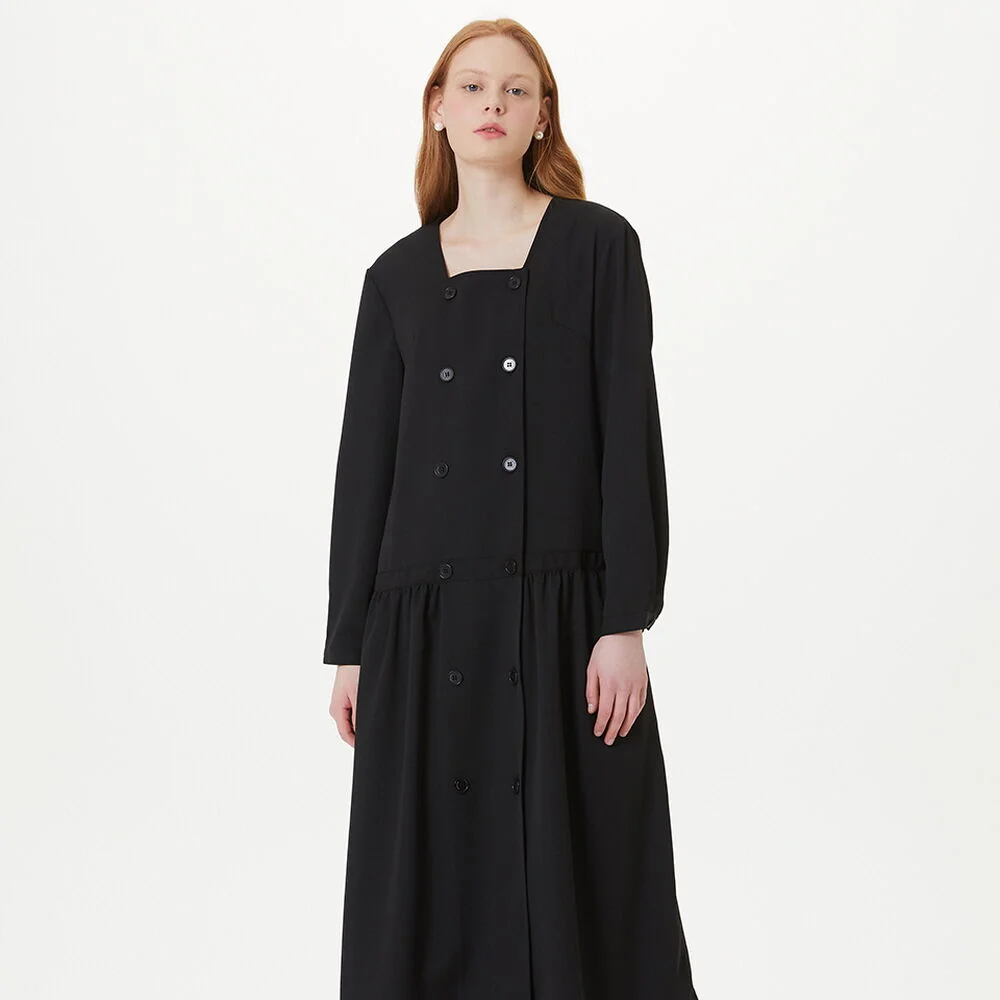 SQUARE NECK DOUBLE BUTTON DRESS (BLACK)