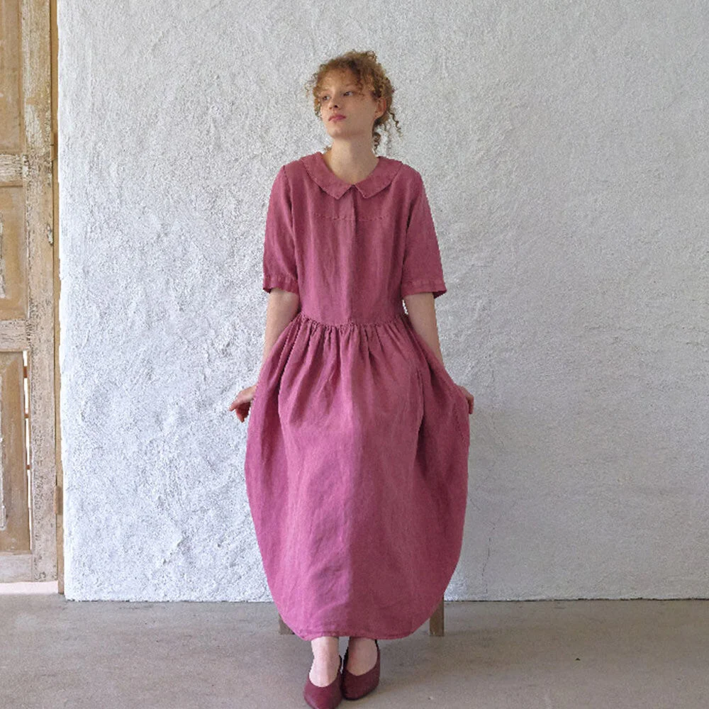 Natural dyed shirring linen dress