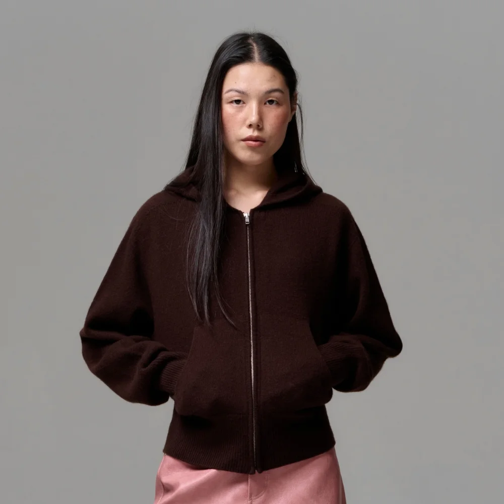 WOMEN CASHMERE BLEND ZIP KNIT HOODIE - DARK BROWN
