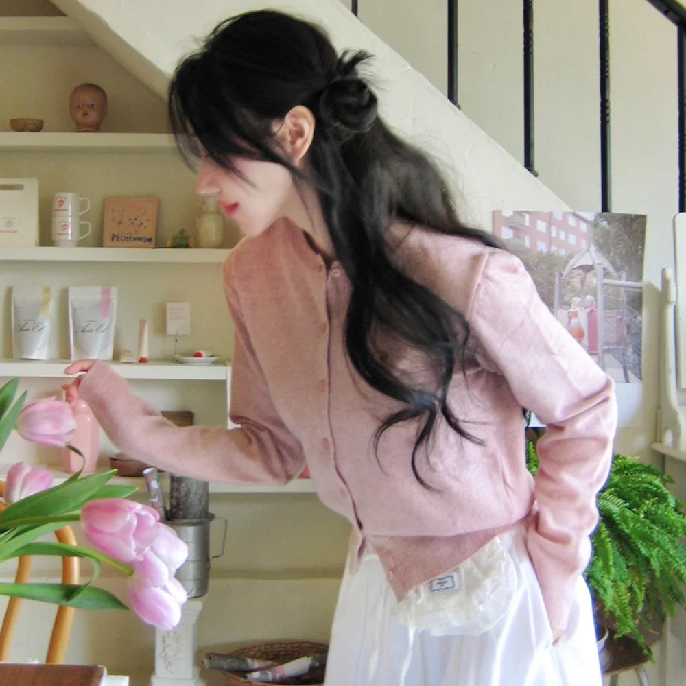Essential Round Neck Cardigan - Pink