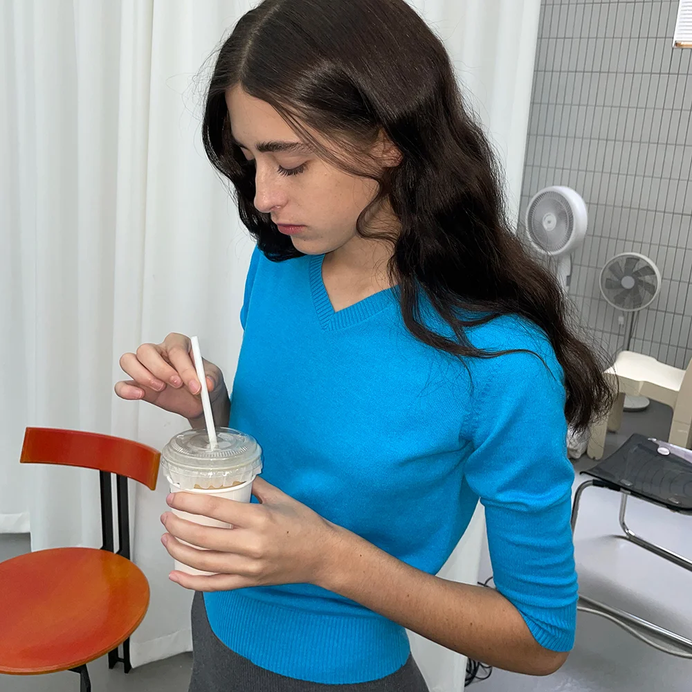 PWC V-NECK 3/4 SLEEVE KNIT TOP_8COLOR