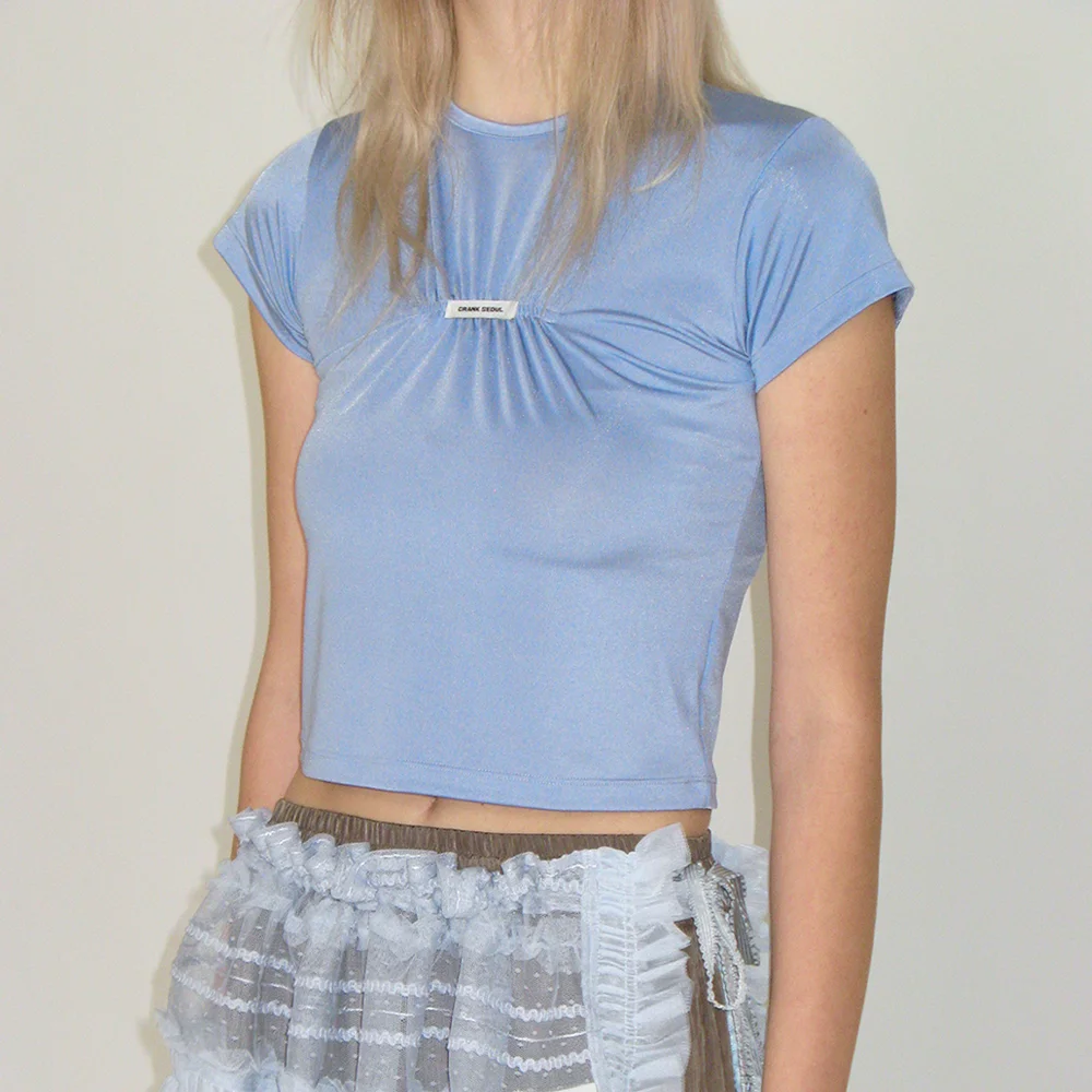 GLOSSY SHIRRING LOGO TOP_SKY