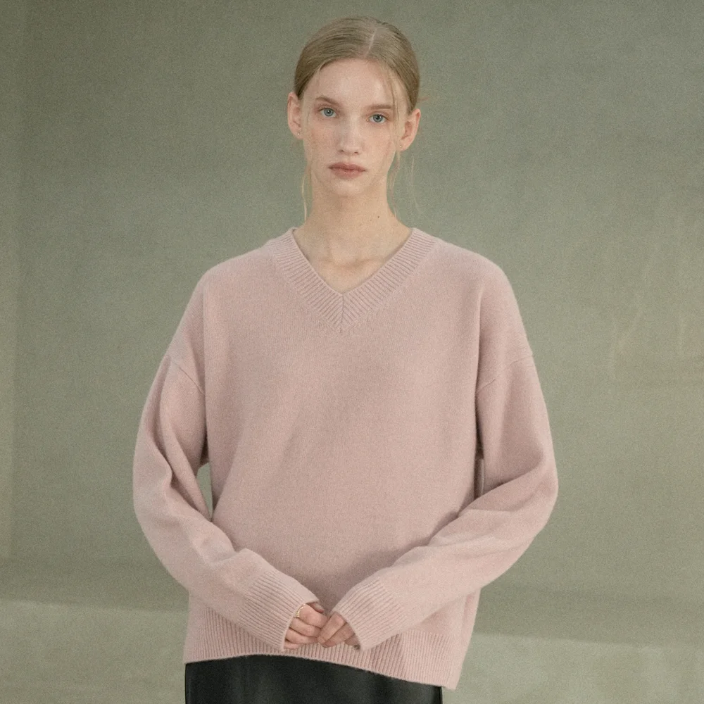 Merino Wool 100% V-neck Knit (pink)