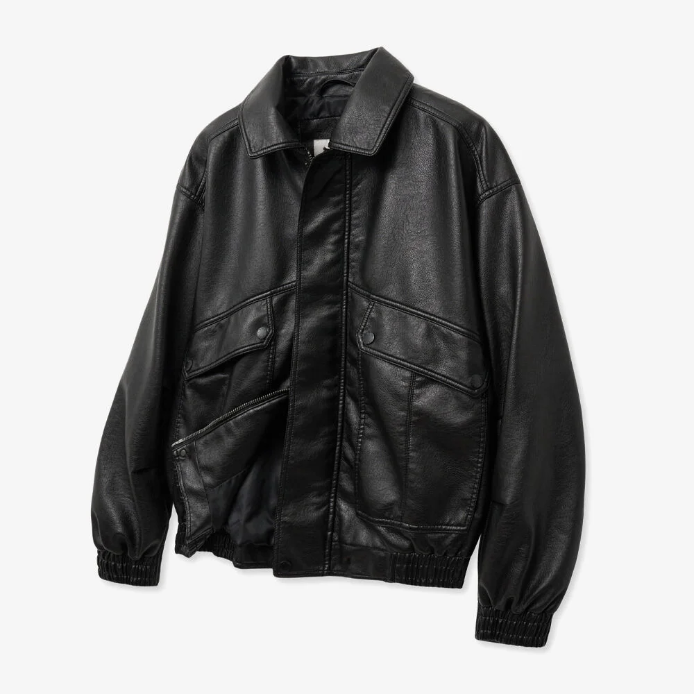 8239 水洗 皮革 飛行員款 外套 (BLACK)