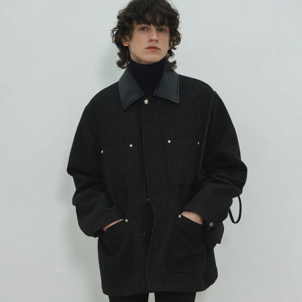 UNISEX, Studed Wool Half Coat / Brown check