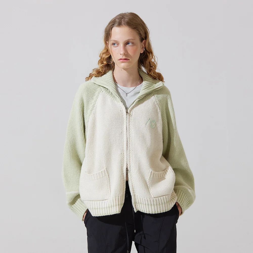 AD embroidery coloring knit zip up cardigan - mint