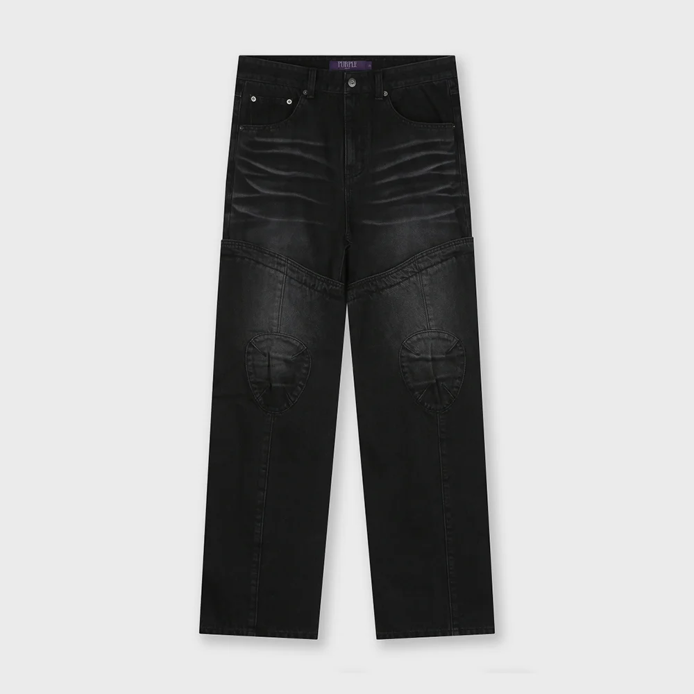 MOTOCYCLE WASHED DENIM PANTS FADE BLACK