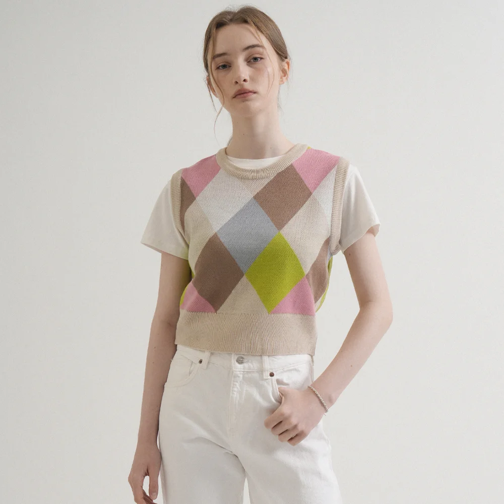 Round Coloration Knit Vest (Beige)