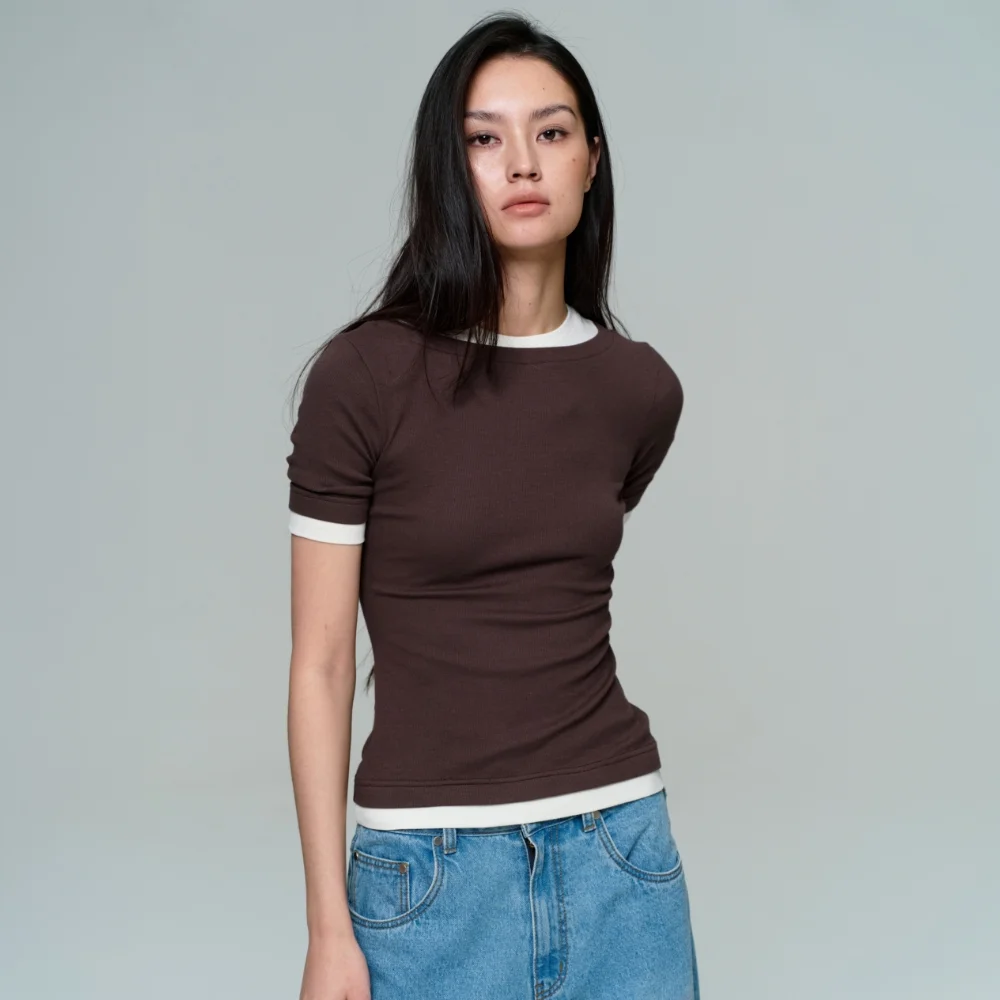 WOMEN BOAT NECK DOUBLE LAYER SLIM RIB T - TOASTED CREAM
