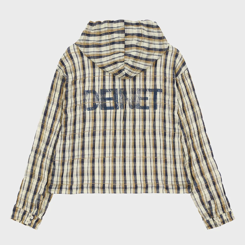 DEINET BACK LOGO CHECK HOODIE SHIRTS IN BROWN