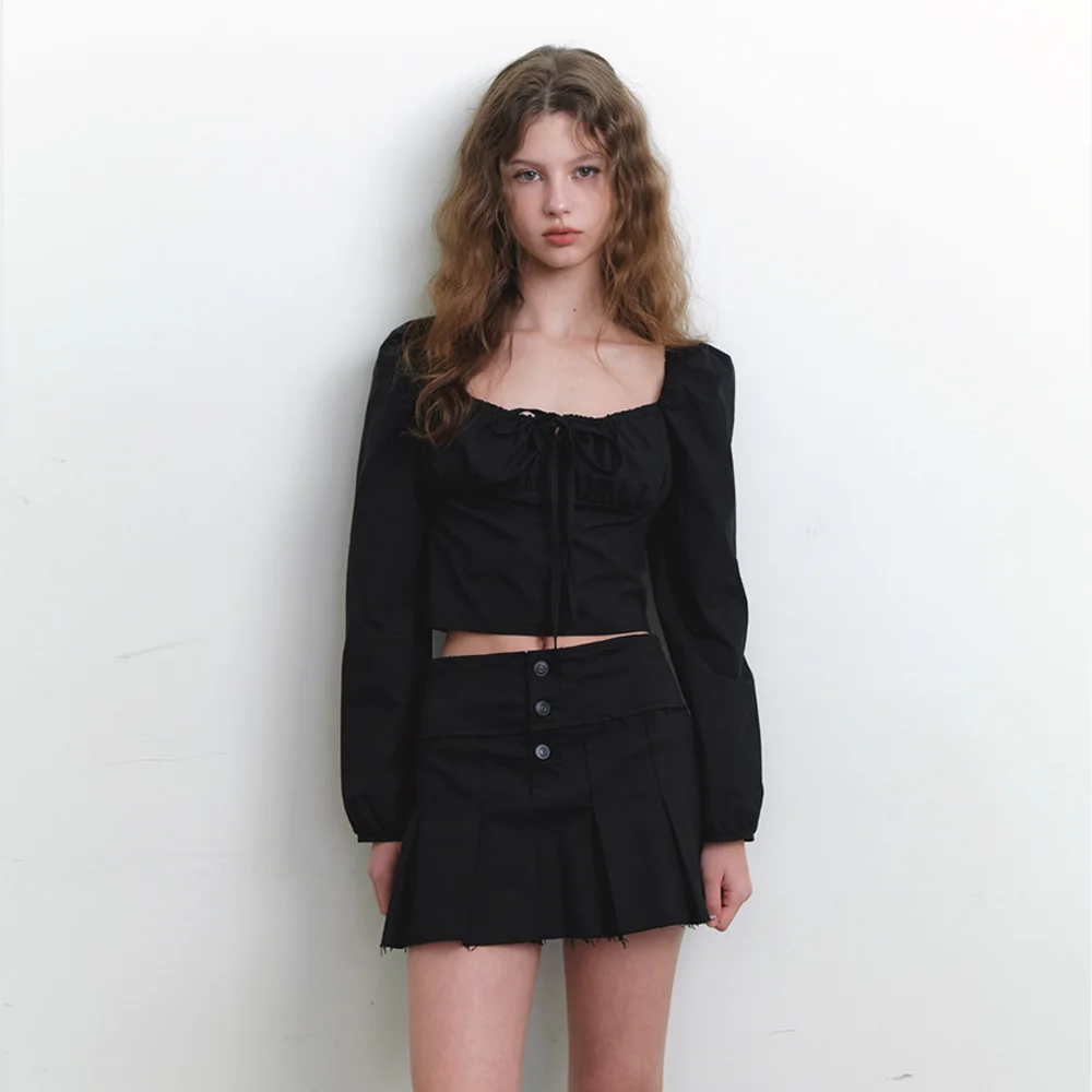 ribbon point shirring blouse - black