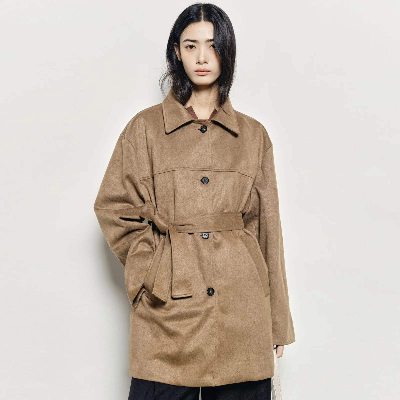 SUEDE BELTED HALF COAT_CARMEL