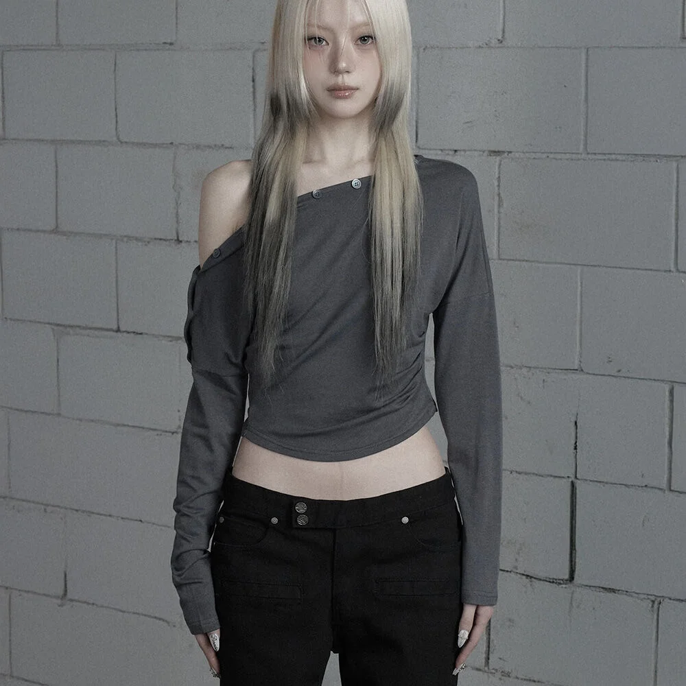 Shoulder Line Button Long Sleeve (Charcoal)