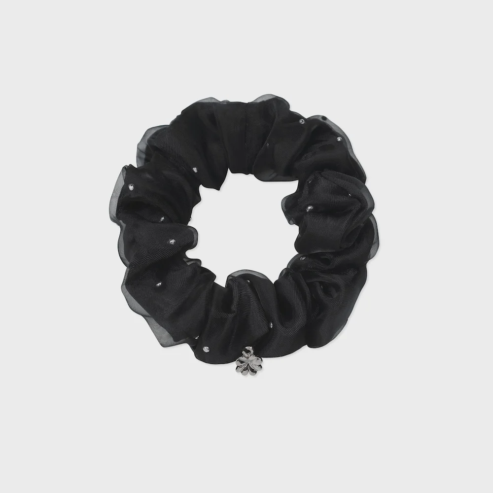 clover organza layered mini hair scrunchie black