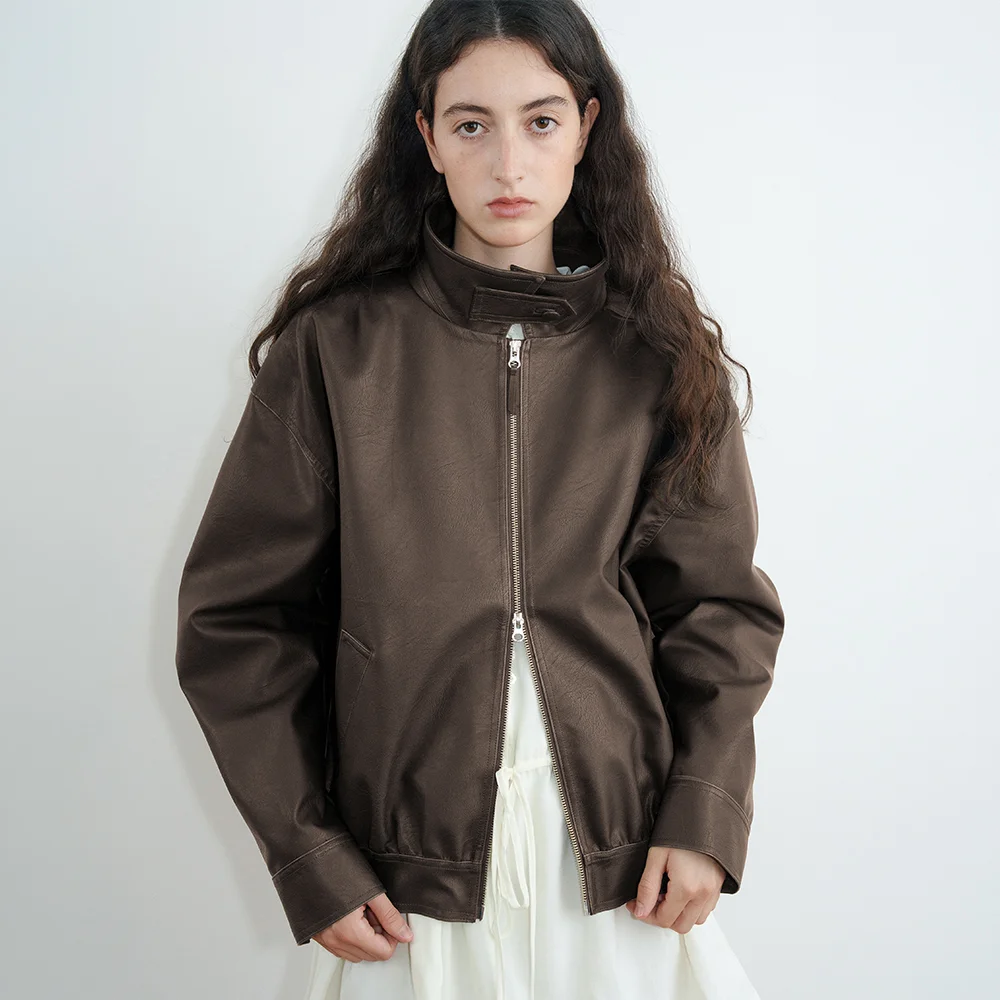 Shirred Leather Blouson Jacket (Brown)