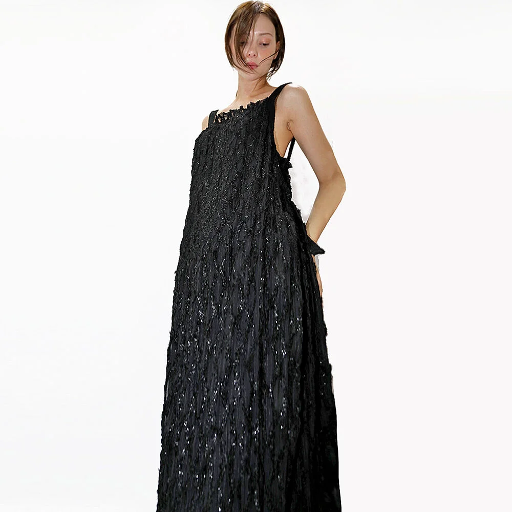 褶皺 珍珠 背心 黑色 連身裙_ Pleats Pearl BK dress