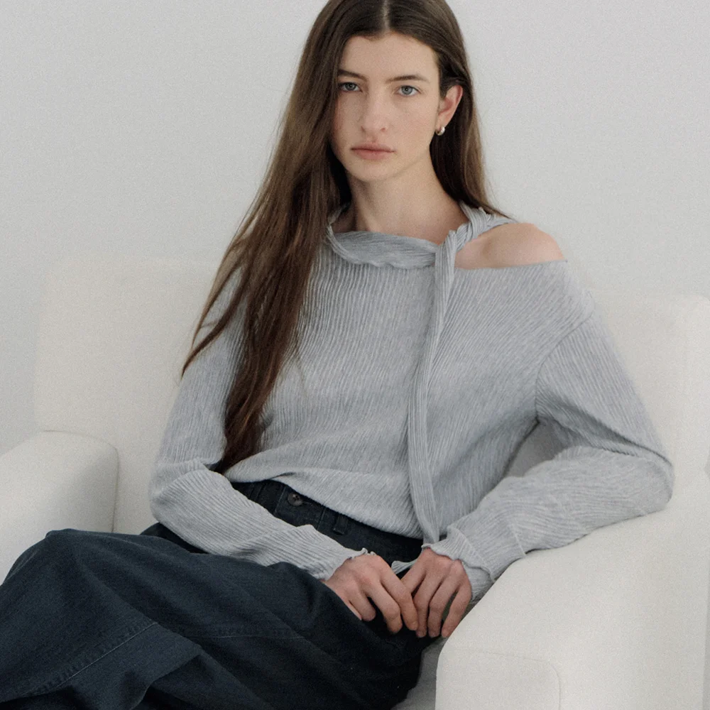soft pleated scarf T-shirt (melange gray) orc 6106