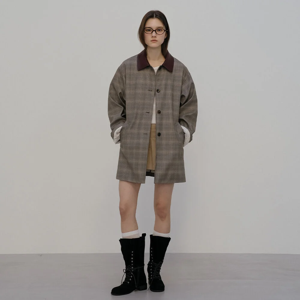 Leather point check trench coat _Brown
