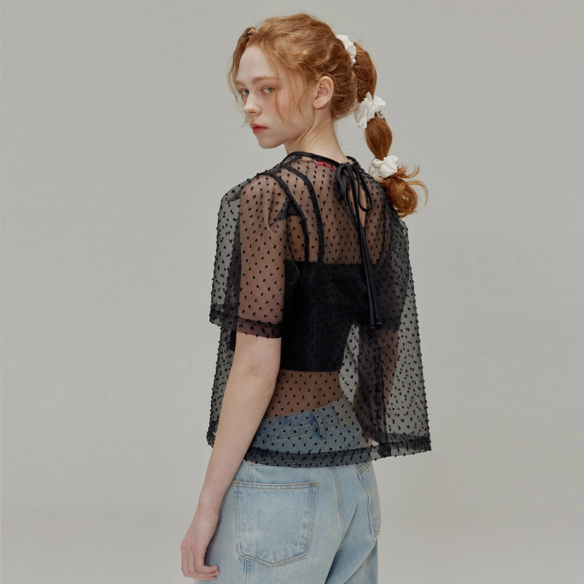 Popcorn see-through ribbon top set_Black