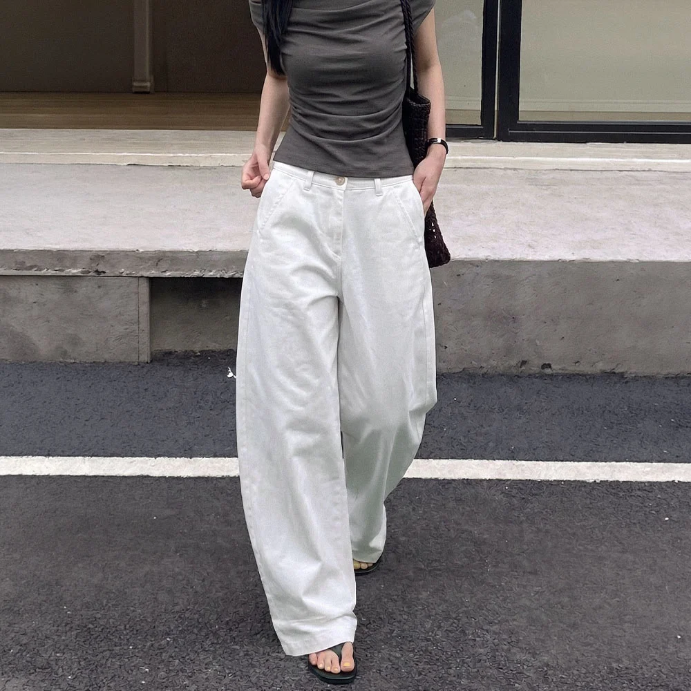 純棉 弧形 褲子_WHITE