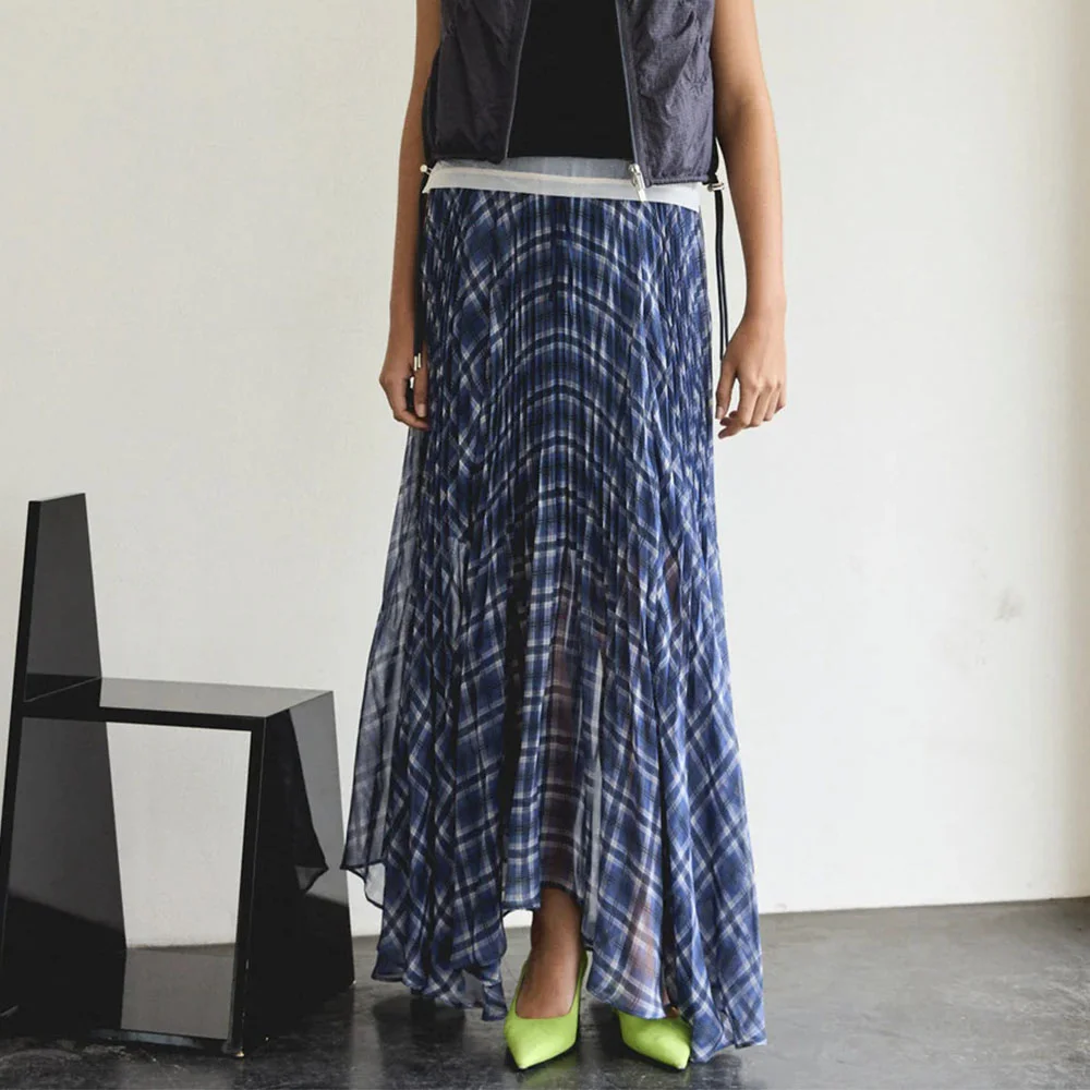 (W) CIRCULAR PLEATED PLAID SKIRT (BLUE)