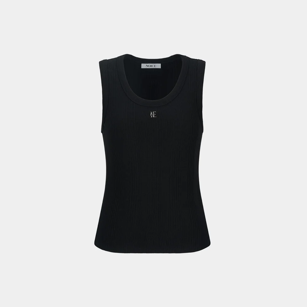 (W) LOGO RIBBED SLEEVELESS TOP - BLACK