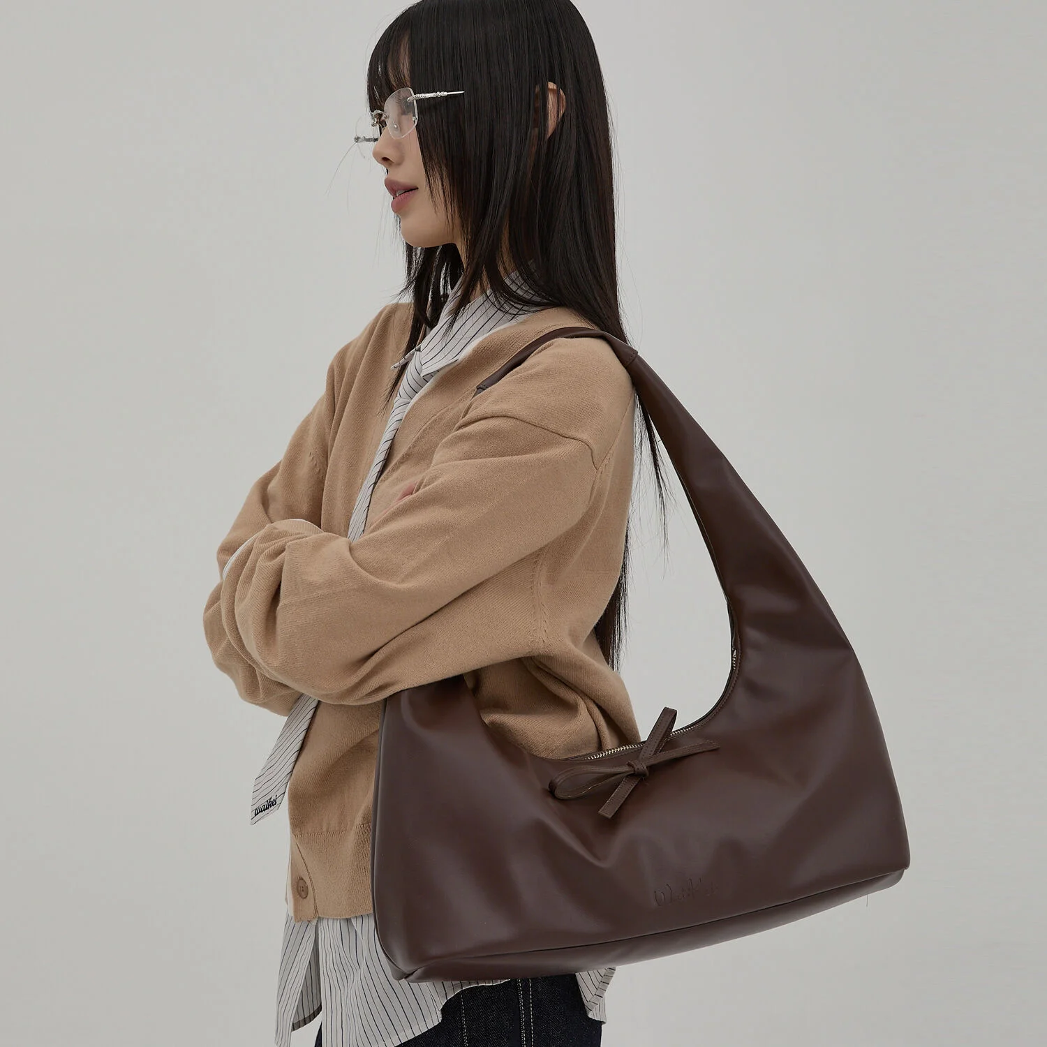 仿製皮 皮革 蝴蝶結 Hobo Bag 啡色