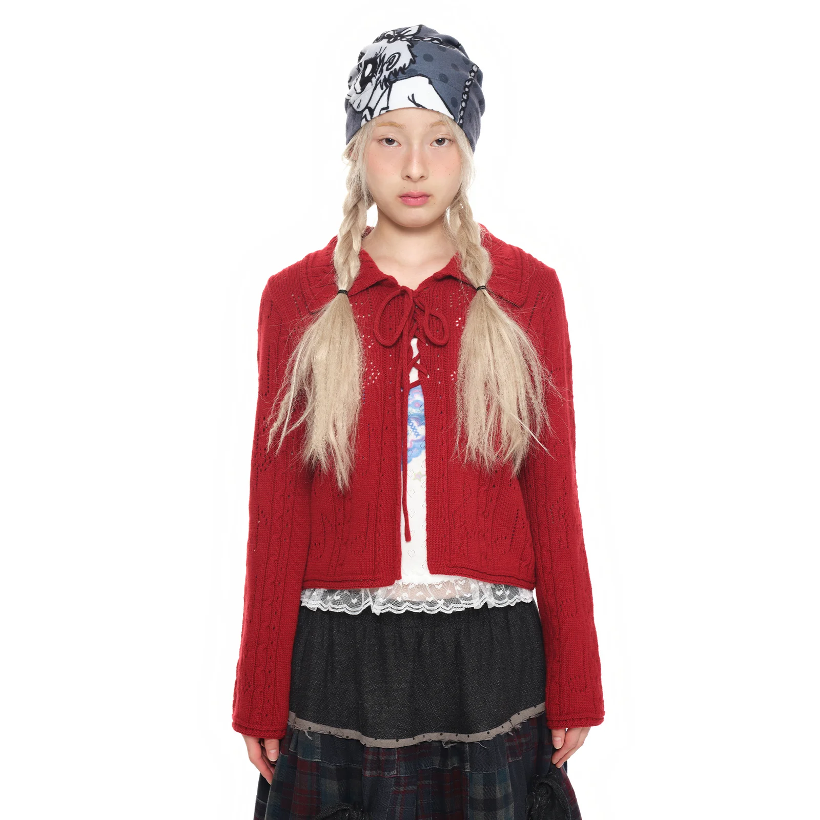 Lace-Up Shawl Collar Cardigan_red