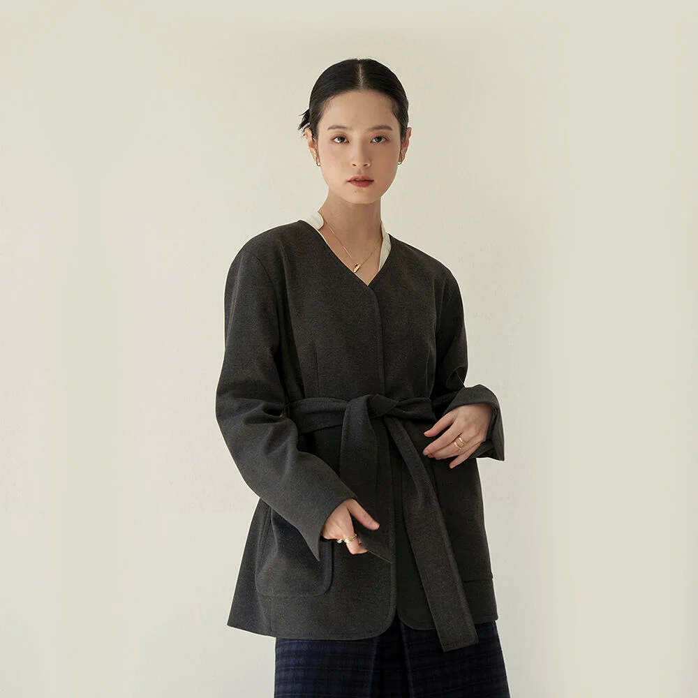 collarless classic belted jacket_D.Gray
