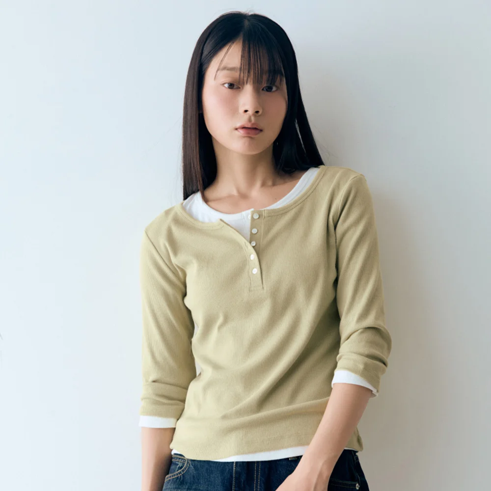 W 羅紋 7分 T恤 Yellow Green