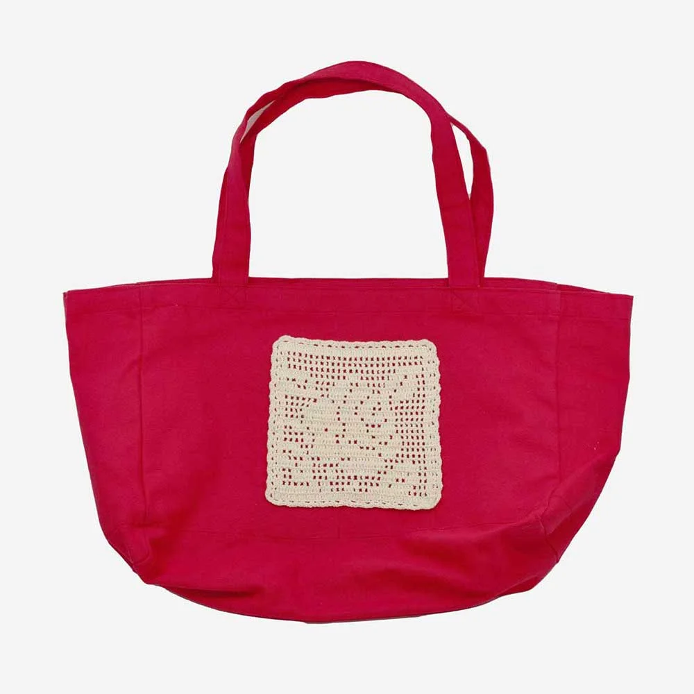 Flower Doily Big Canvas Shopper Bag _ Red (花卉 蕾絲墊 方格編織 手工製 鉤織 大 帆布 購物袋)