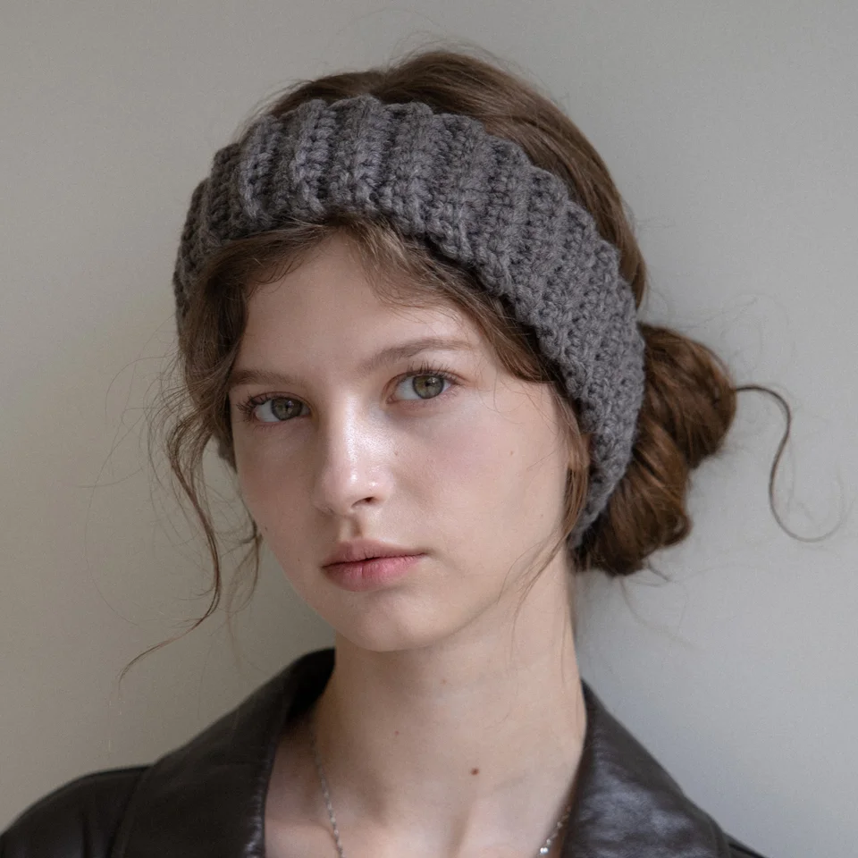 Wool blend knit ear warmer and hairband (Brown grey)