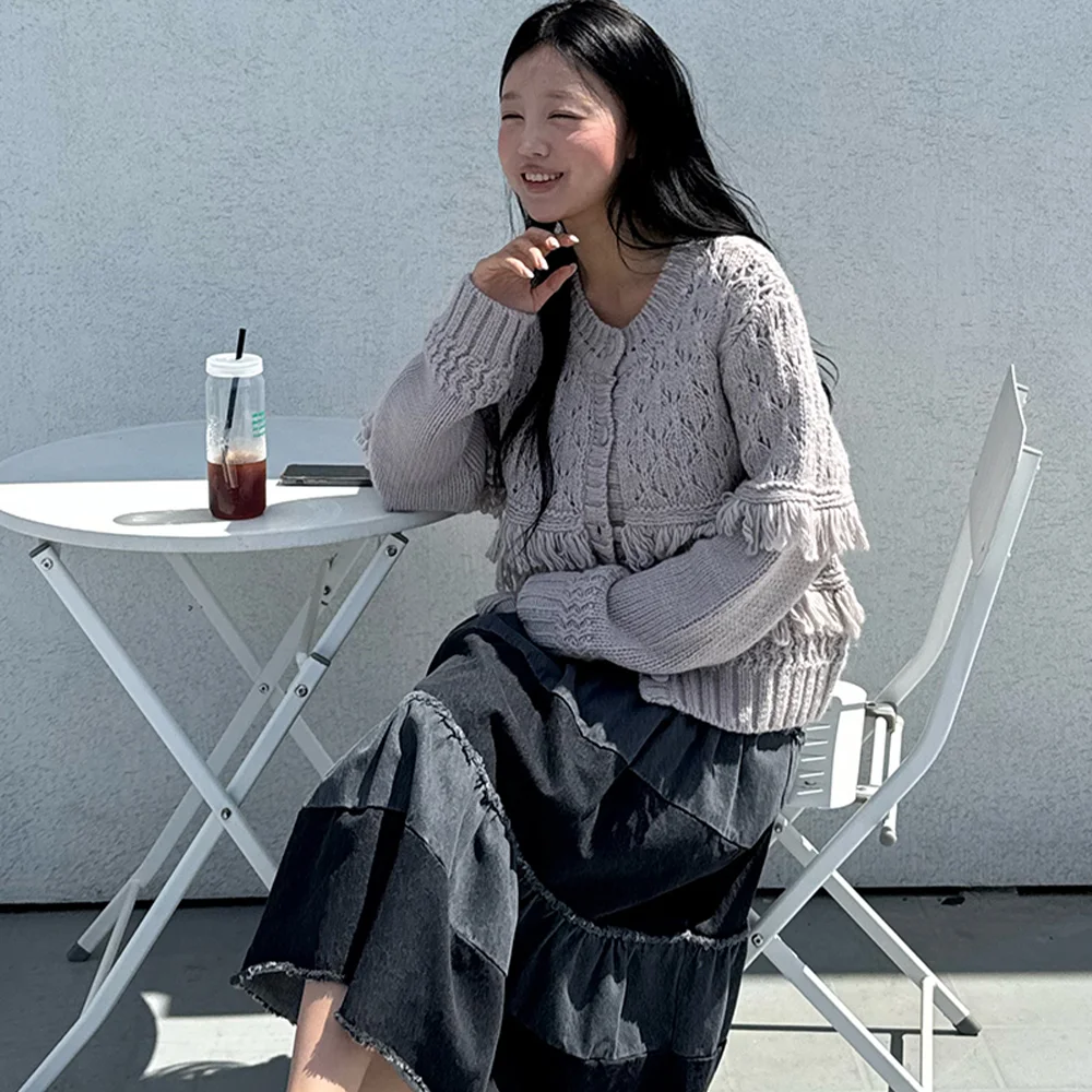Fringe Knit Cardigan (Grey)