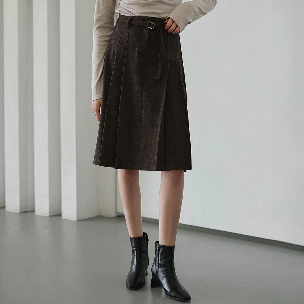 Belt Pleats Midi Skirt