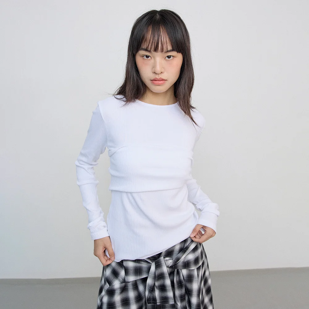Ribbed long sleeves shirring tee_white
