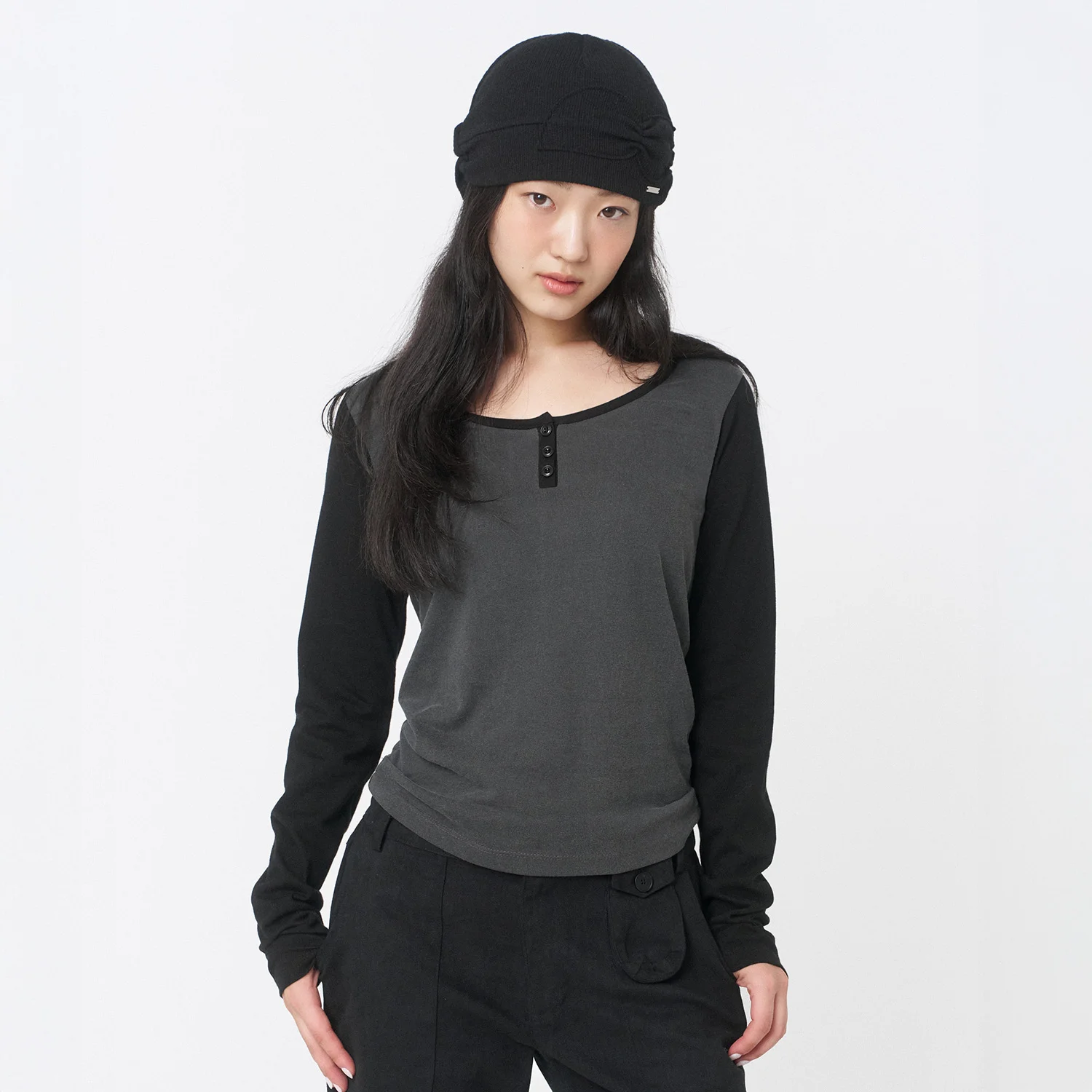 Henley neck long sleeves CHARCOAL