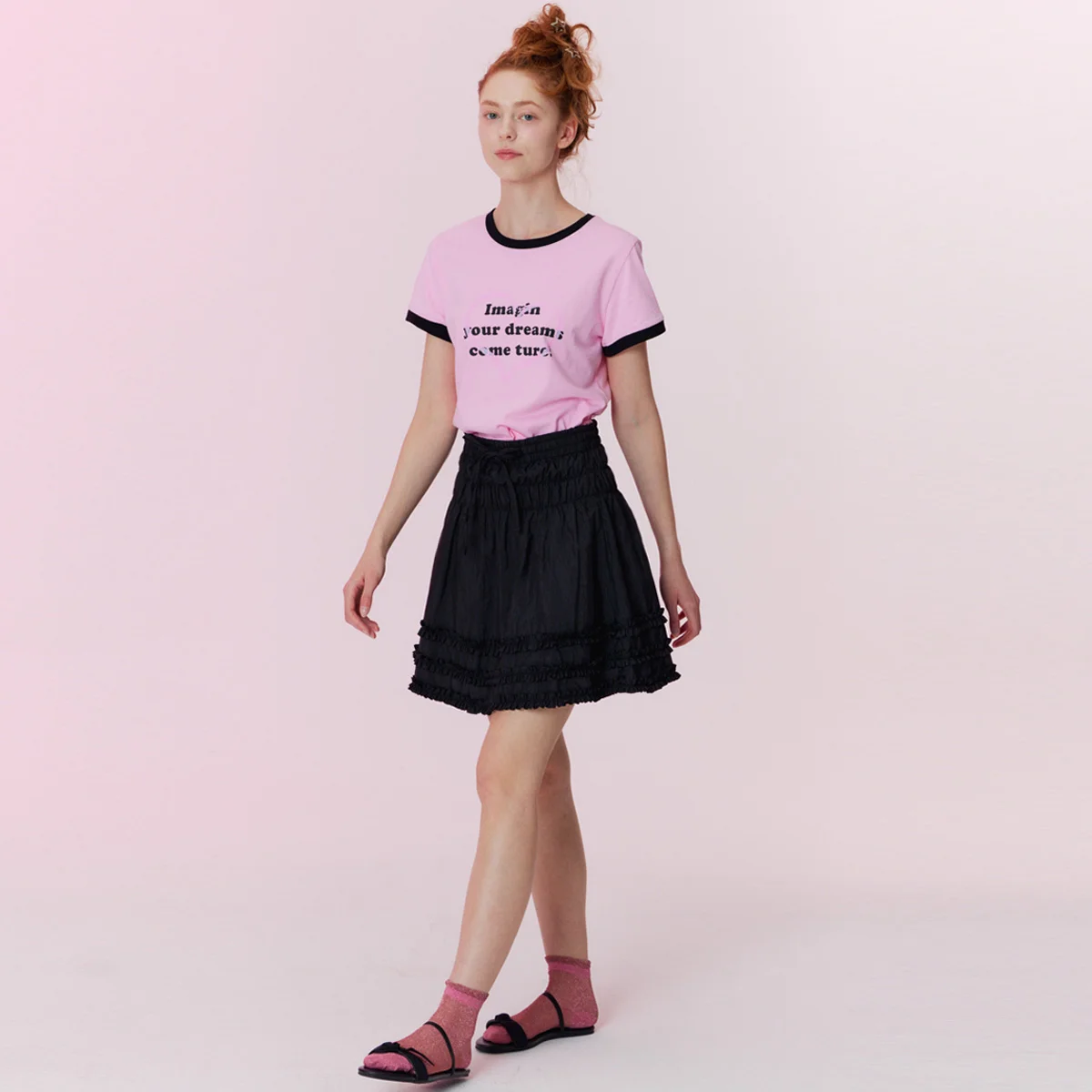 Shining shirring mini skirt_Black
