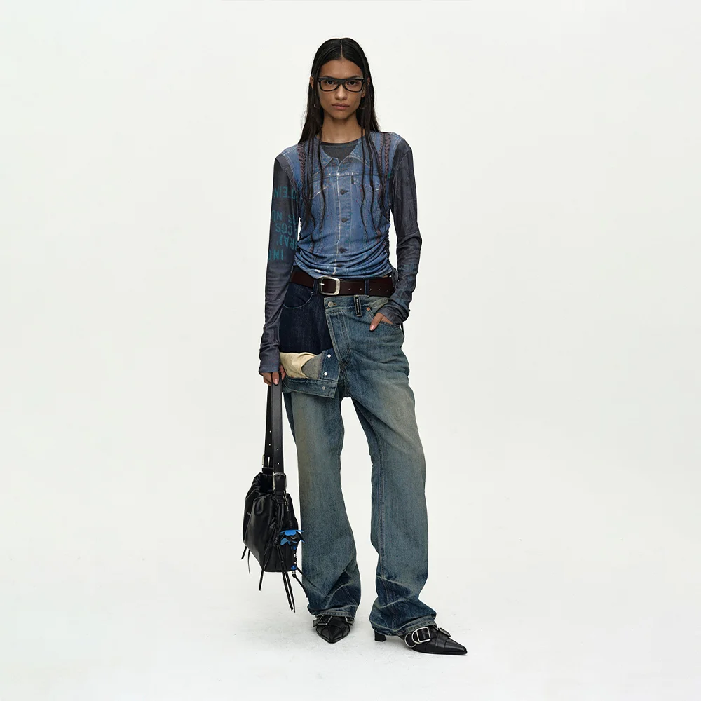 UNISEX ASYMMETRIC LAYERED WIDE-LEG JEANS apa871u(BLUE)