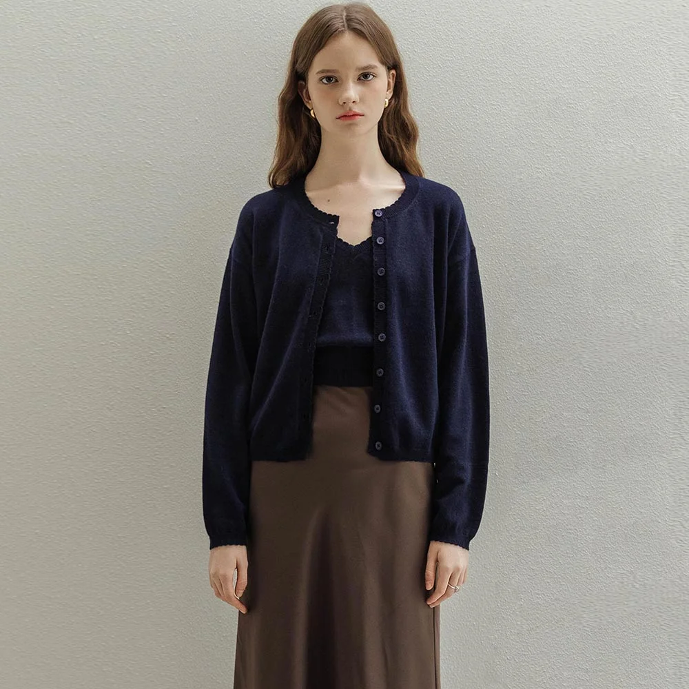 Wool Scallop Knit Navy cardigan set