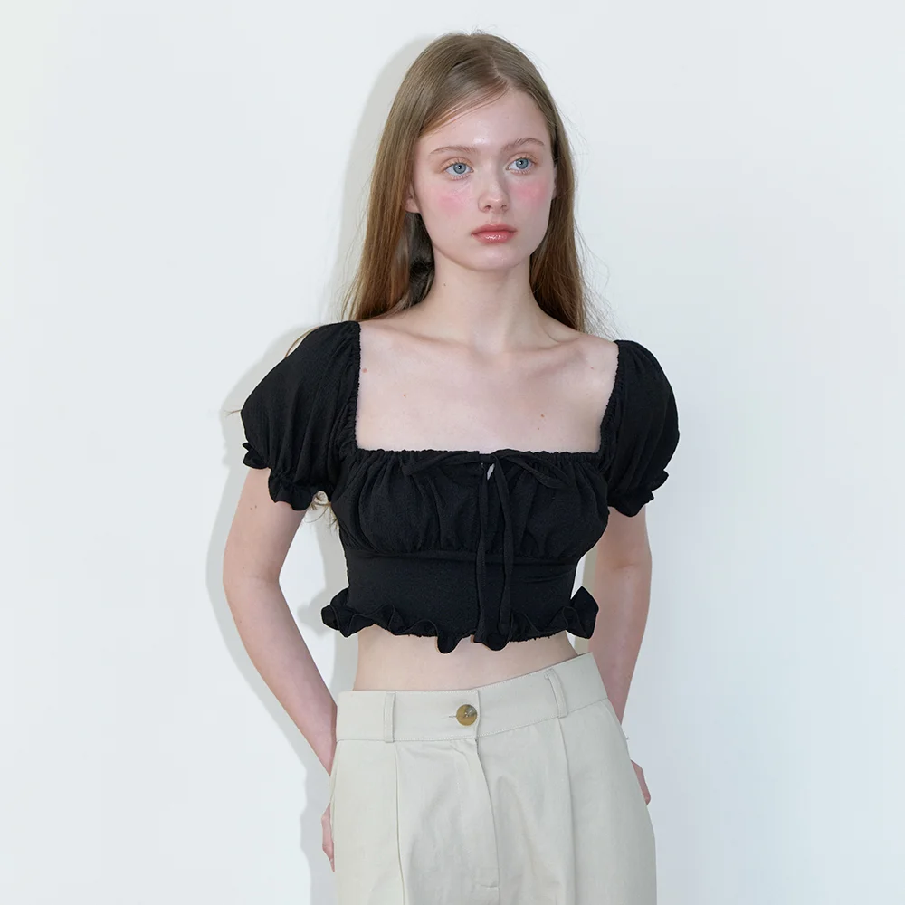 crop smock shirring blouse - black